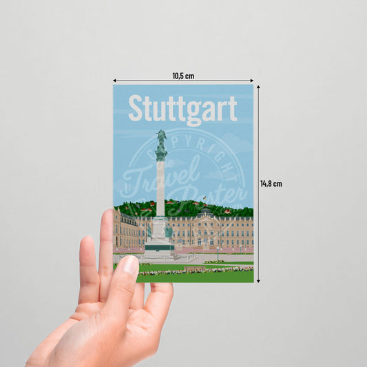 A hand holding a postcard of the Tübingen Schlossplatz on a white background.