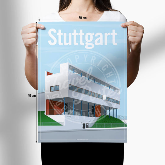 A Woman holding a poster of the Weissenhof Museum in Stuttgart on a white background