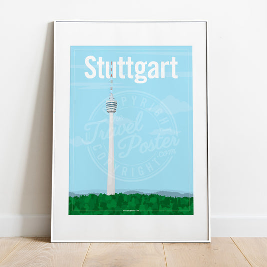 a frame with a poster of the Stuttgart TV Tower, placed on a parquet floor resting against a white wall