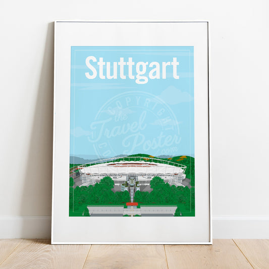 a frame with a poster of the Stuttgart Neckarstadion, placed on a parquet floor resting against a white wall