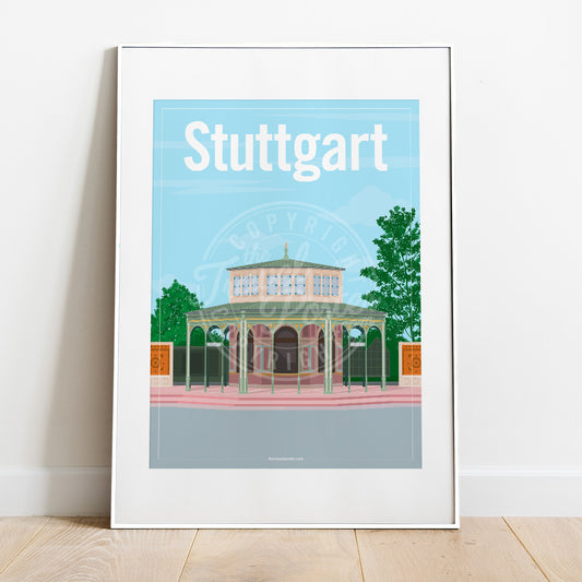 a frame with a poster of the Stuttgart Wilhelma Kassenpavillon, placed on a parquet floor resting against a white wall