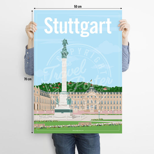 A man holding a poster of the Schlossplatz of Stuttgart on a white background