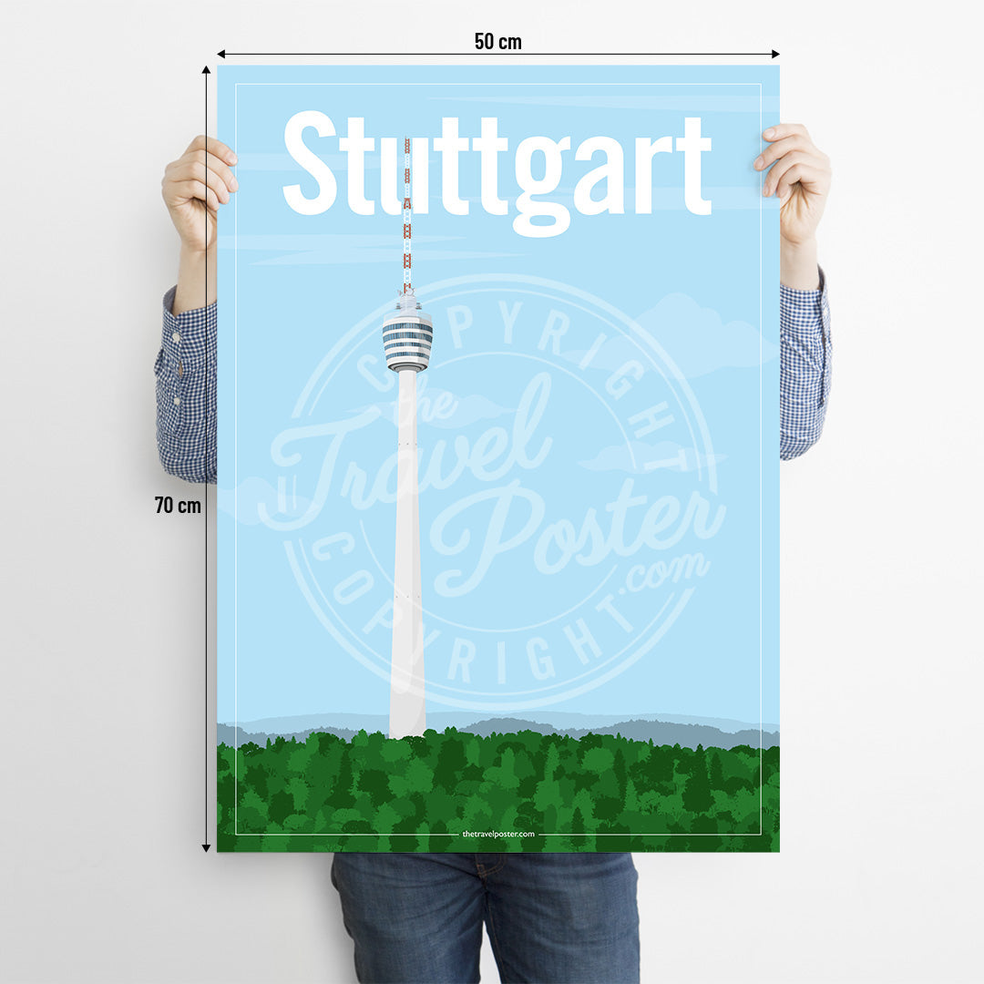 A man holding a poster of the Stuttgart TV Tower on a white background