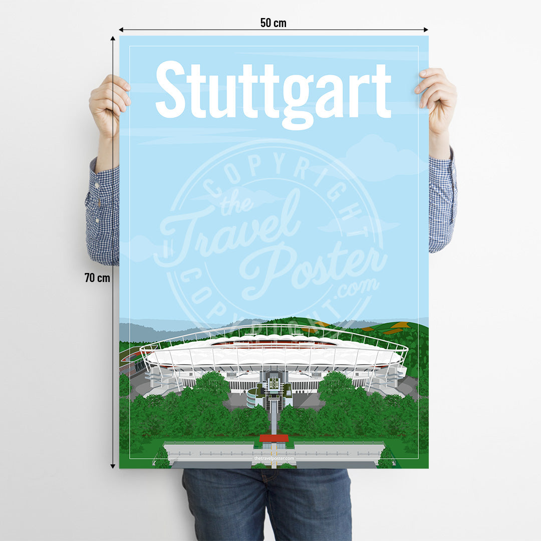 A man holding a poster of the Neckarstadion of Stuttgart on a white background