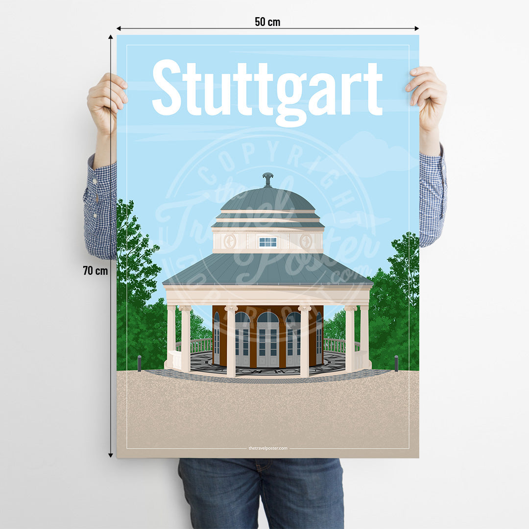 A man holding a poster of the Stuttgart Teehaus on a white background