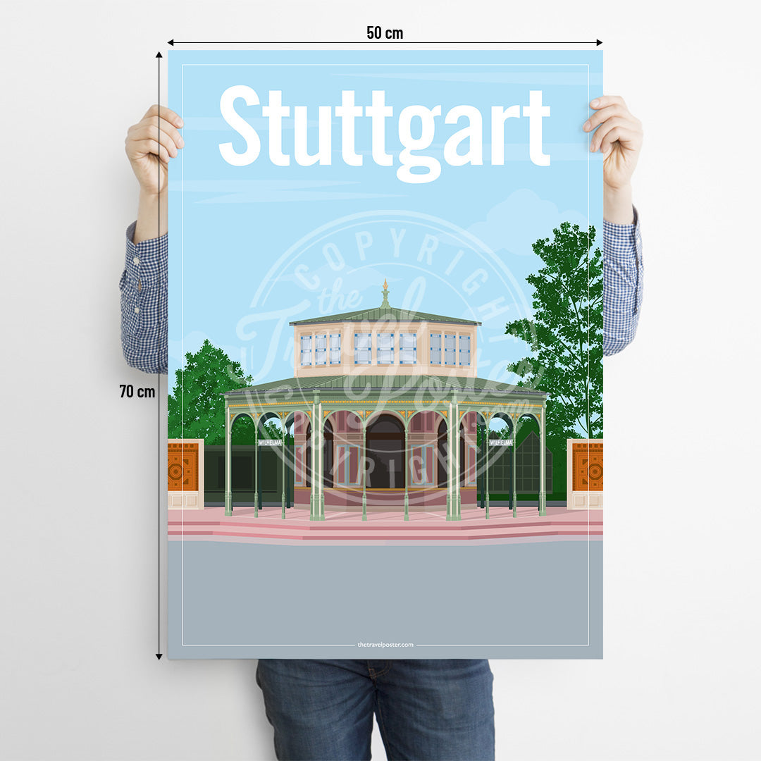 A man holding a poster of the Stuttgart Wilhelma Kassenpavillon on a white background