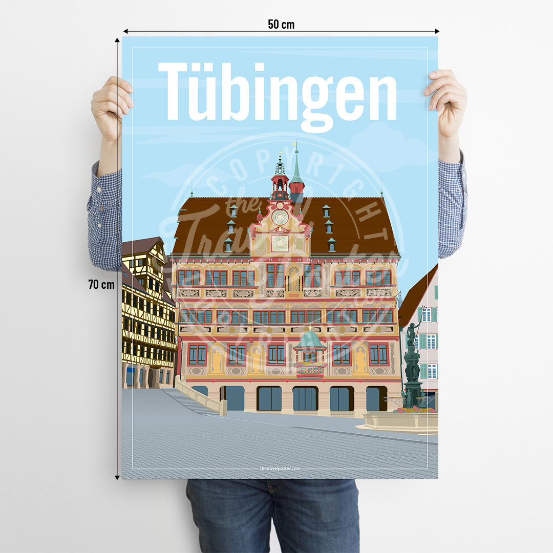 A man holding a poster of the Rathaus of Tübingen