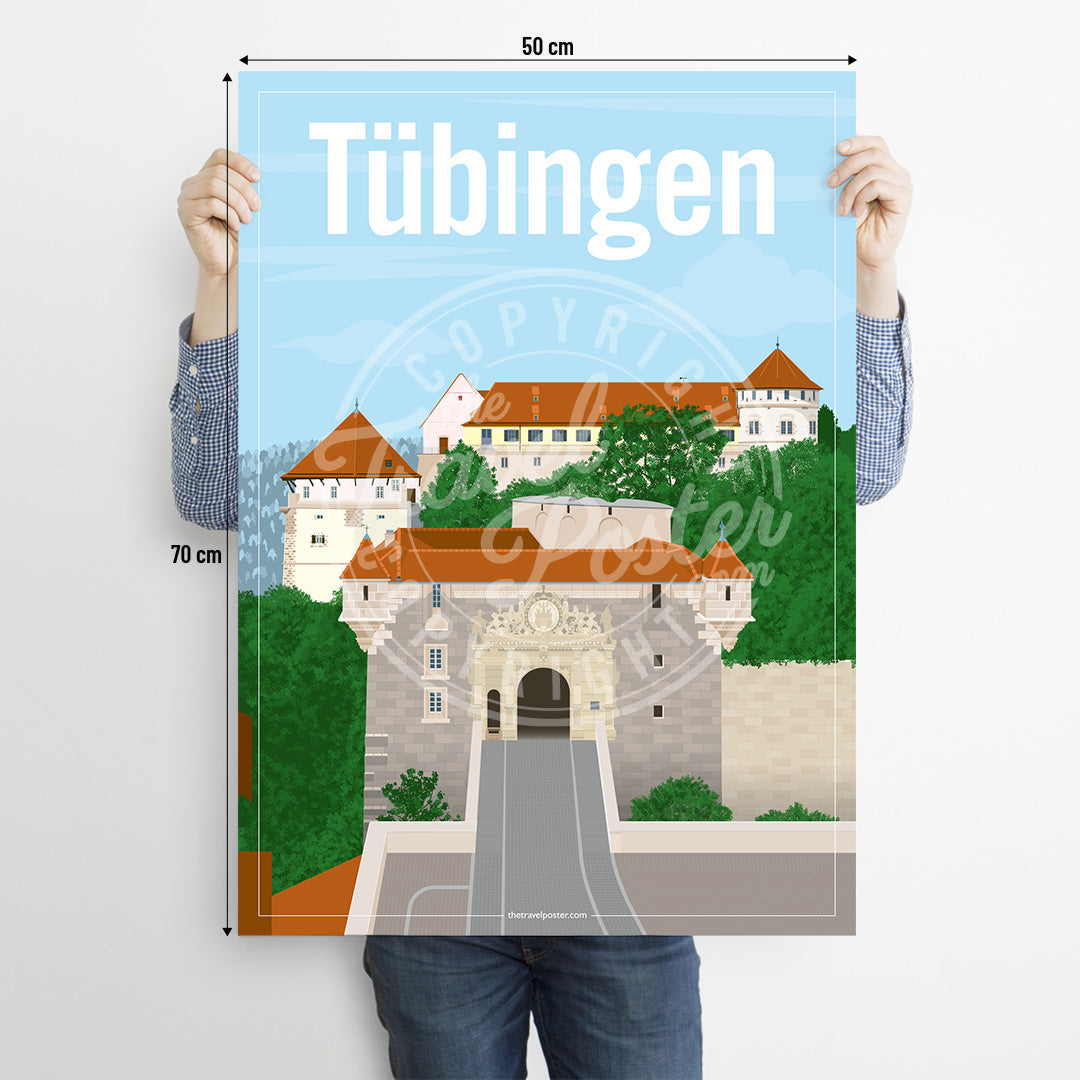 A man holding a poster of the Hohentübingen Castle on a white background