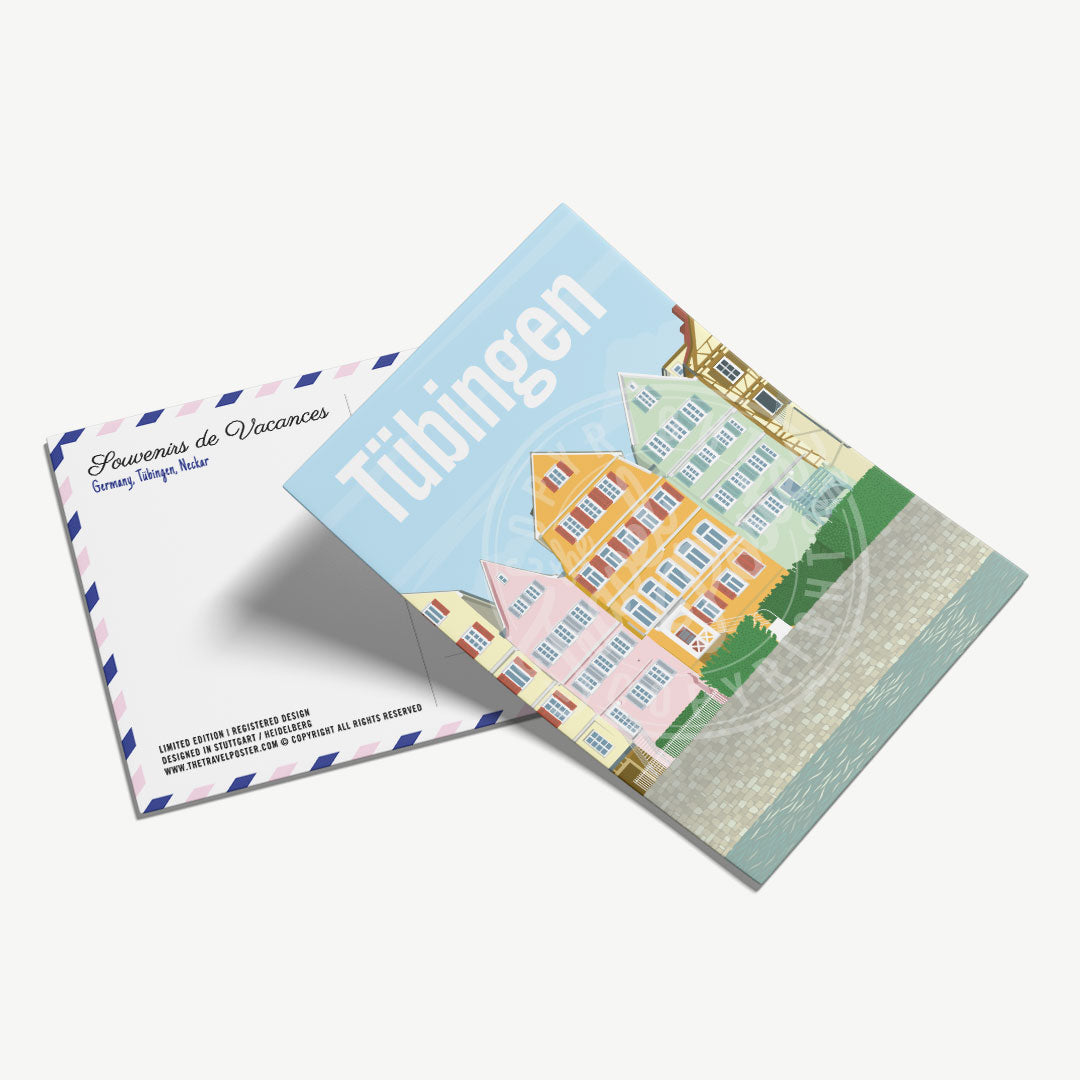 A perspective view of the front of the Tübingen Neckar Riverfront postcard, placed on the back of the card.