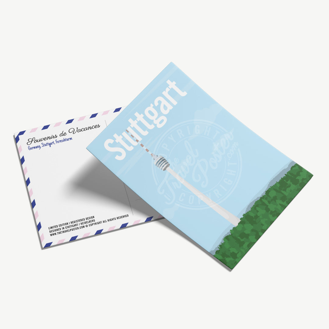 A perspective view of the front of the Stuttgart TV Tower postcard, placed on the back of the card.
