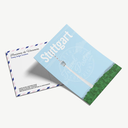 A perspective view of the front of the Stuttgart TV Tower postcard, placed on the back of the card.