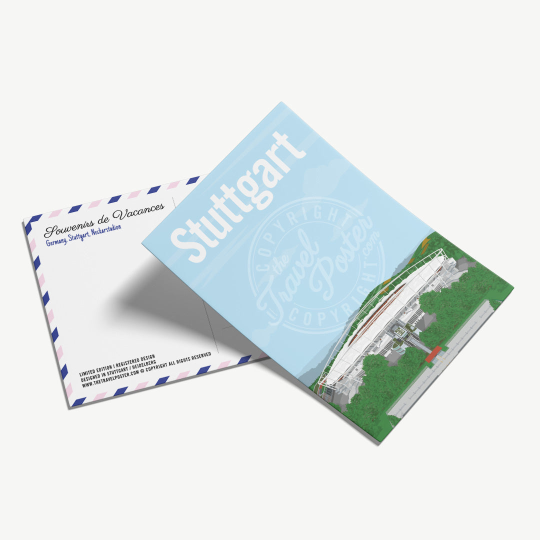 A perspective view of the front of the Stuttgart Neckarstadion postcard, placed on the back of the card.