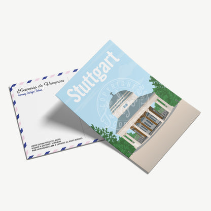A perspective view of the front of the Stuttgart Teehaus postcard, placed on the back of the card.