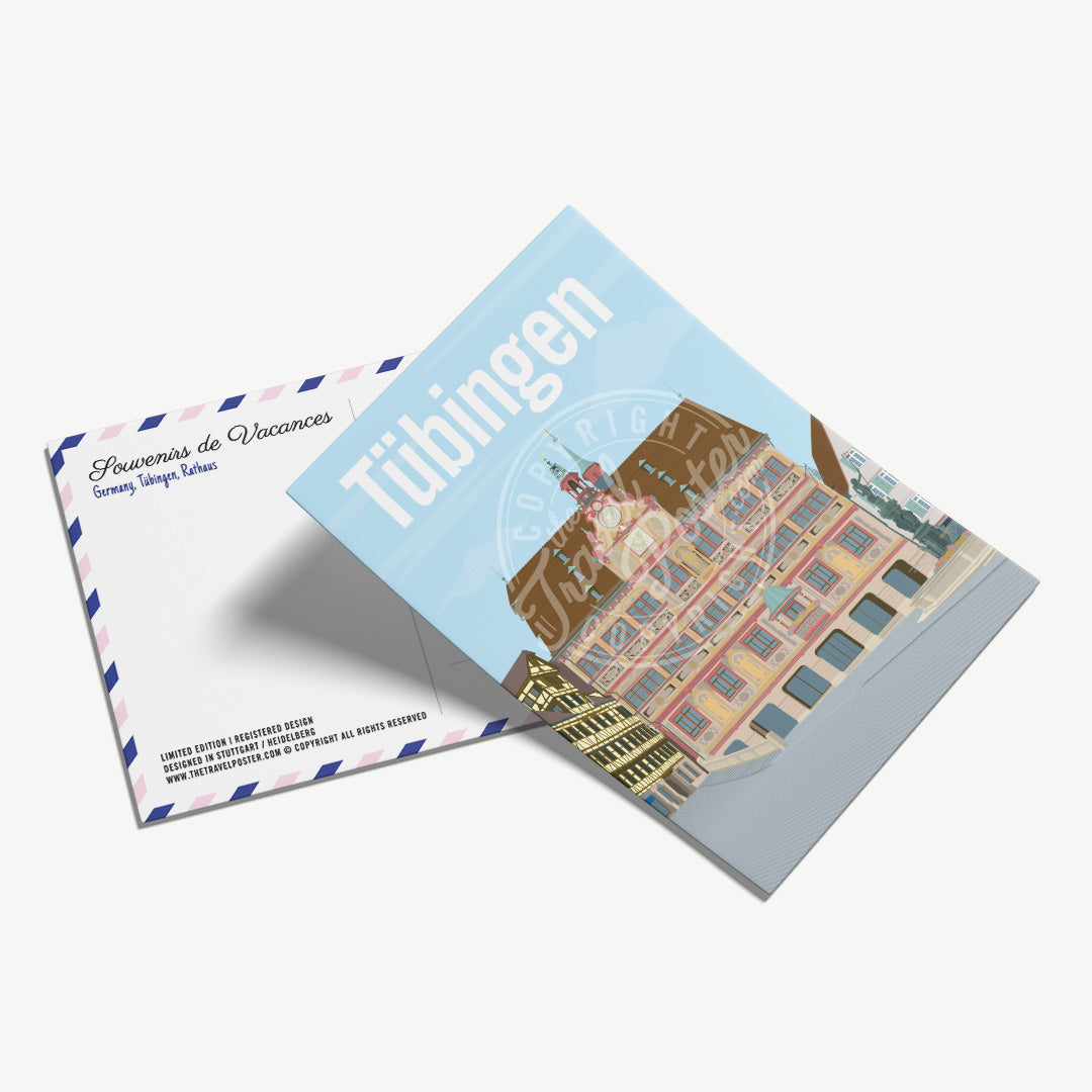 A perspective view of the front of the Tübingen Rathaus postcard, placed on the back of the card.