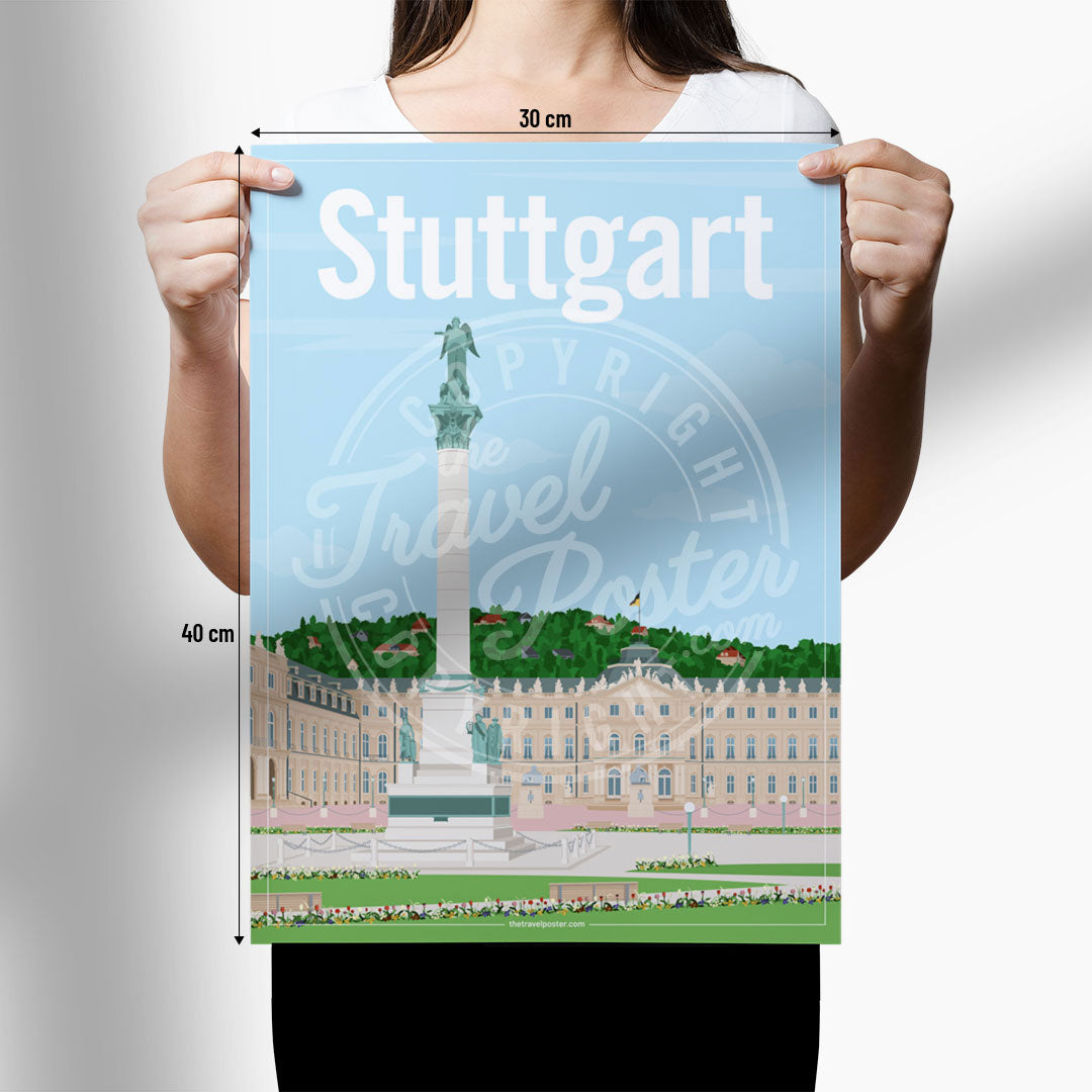 A woman holding a poster of the Schlossplatz of Stuttgart on a white background