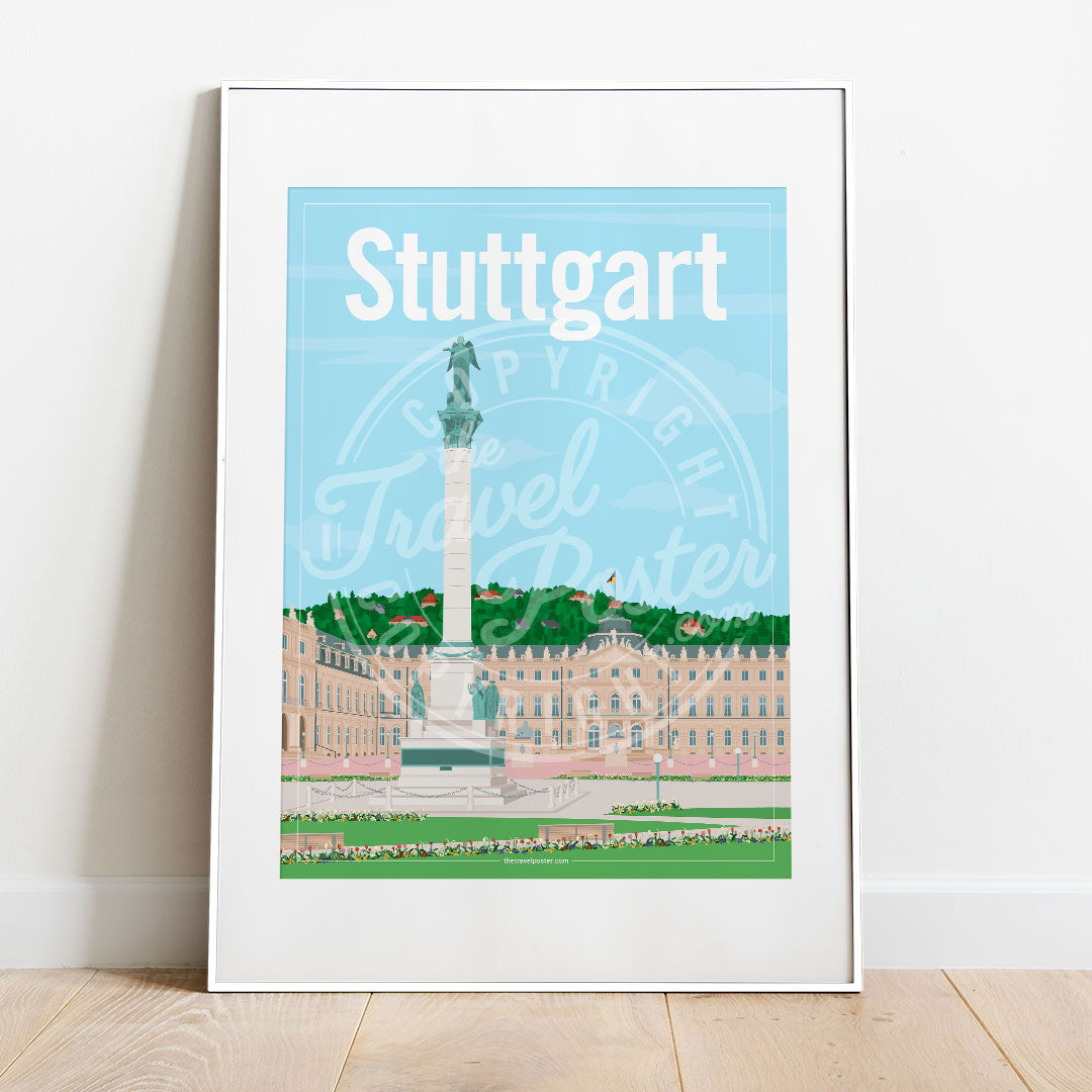 a frame with a poster of the Stuttgart Schlossplatz, placed on a parquet floor resting against a white wall