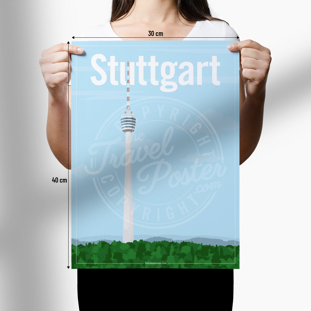 A Woman holding a poster of the Stuttgart TV Tower on a white background