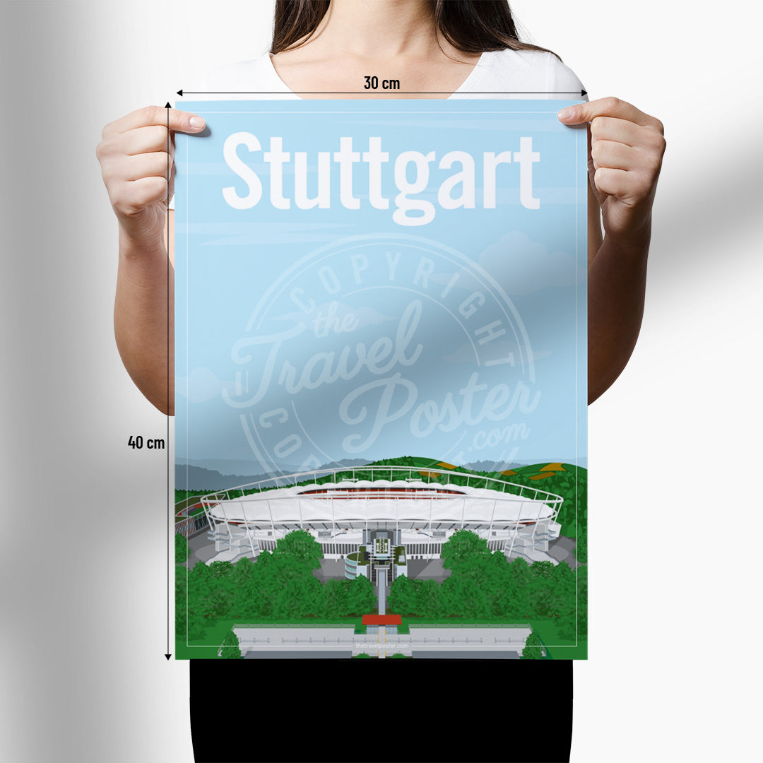 A Woman holding a poster of the Neckarstadion of Stuttgart on a white background