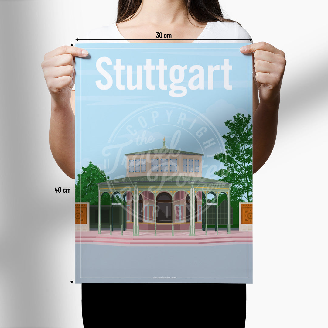 A woman holding a poster of the Stuttgart Wilhelma Kassenpavillon on a white background