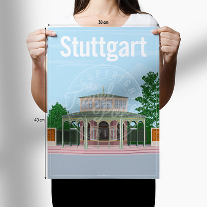 A woman holding a poster of the Stuttgart Wilhelma Kassenpavillon on a white background