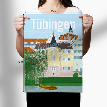 A woman holding a poster of the Holderlinturm in Tübingen on a white background
