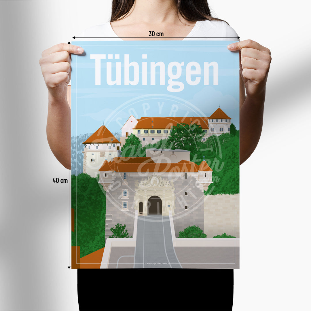 A woman holding a poster of the Hohentübingen Castle on a white background