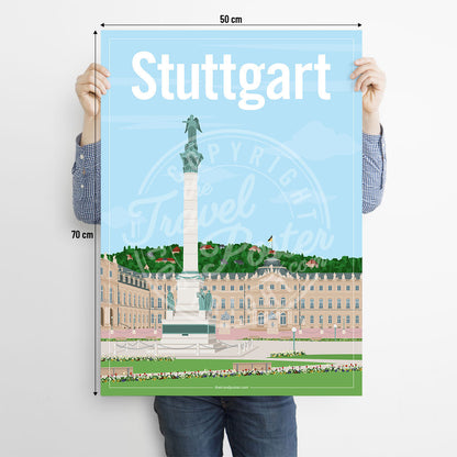 A man holding a poster of the Schlossplatz of Stuttgart on a white background