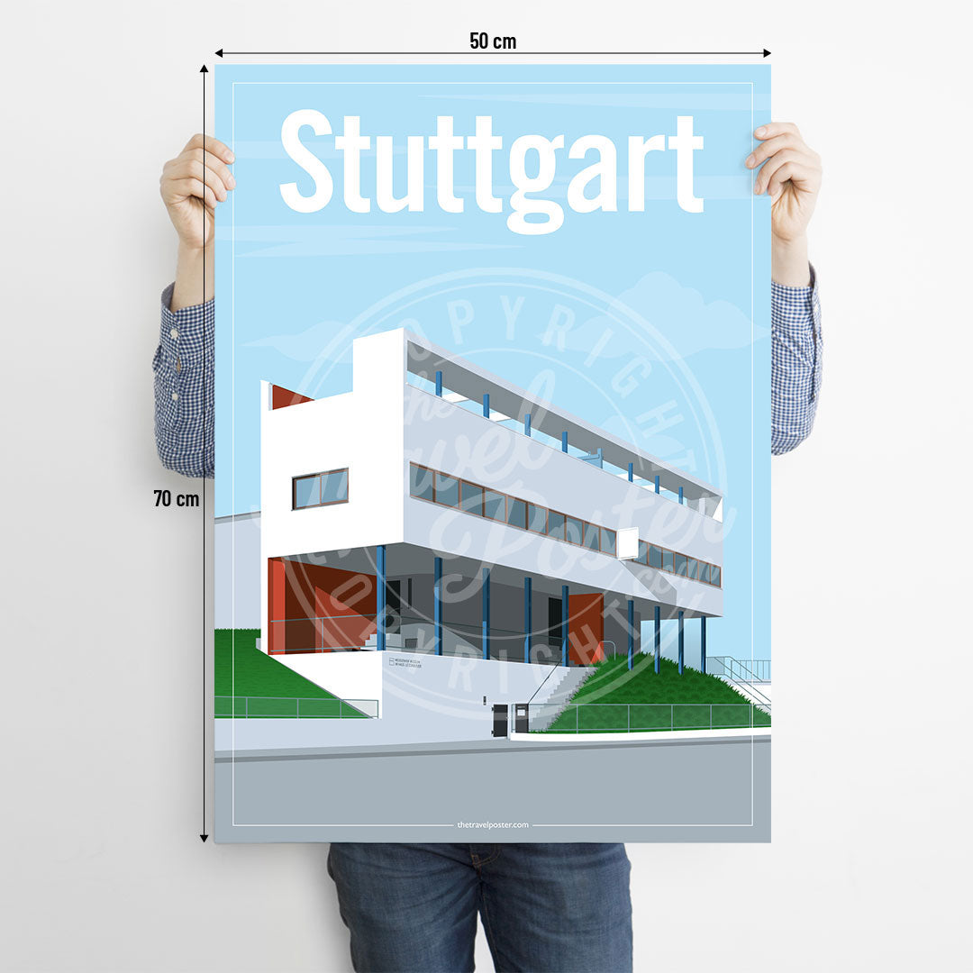 A man holding a poster of the Weissenhof Museum in Stuttgart on a white background