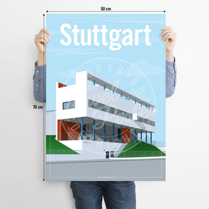 A man holding a poster of the Weissenhof Museum in Stuttgart on a white background