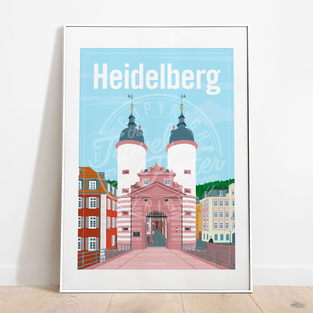 a frame with a poster of the Heidelberg Bridge Gate, placed on a parquet floor resting against a white wall