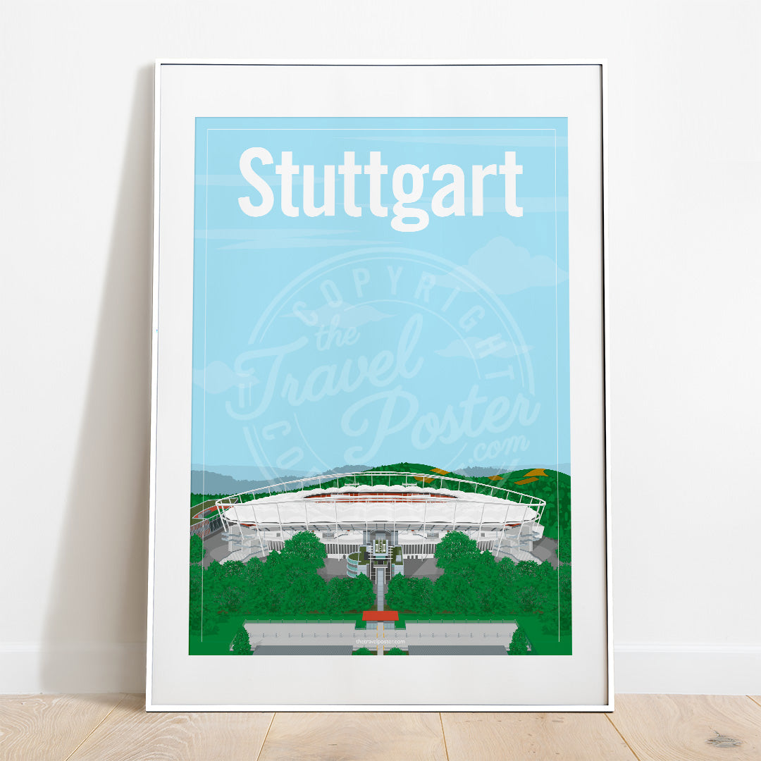 a frame with a poster of the Stuttgart Neckarstadion, placed on a parquet floor resting against a white wall