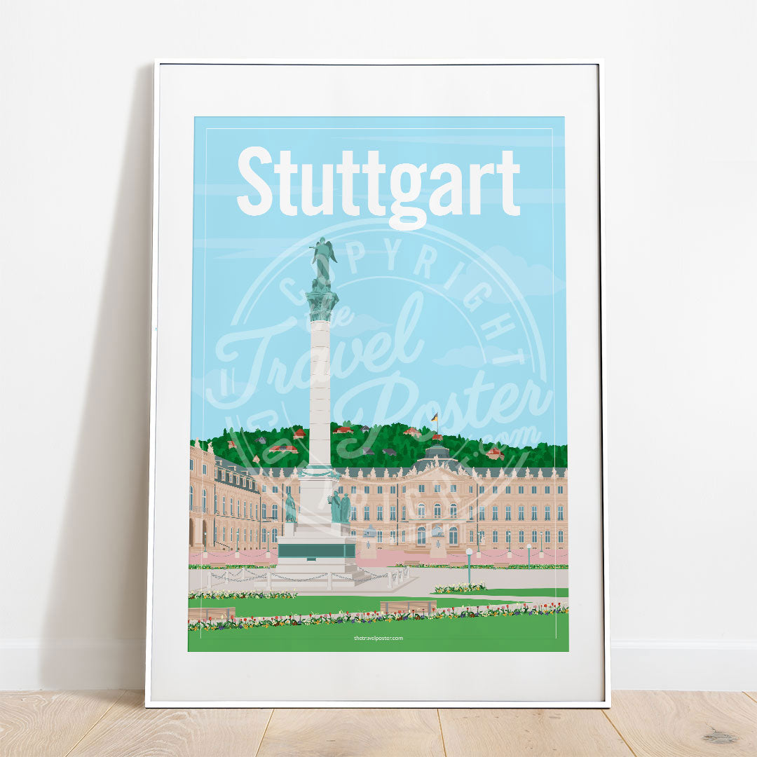 a frame with a poster of the Stuttgart Schlossplatz, placed on a parquet floor resting against a white wall
