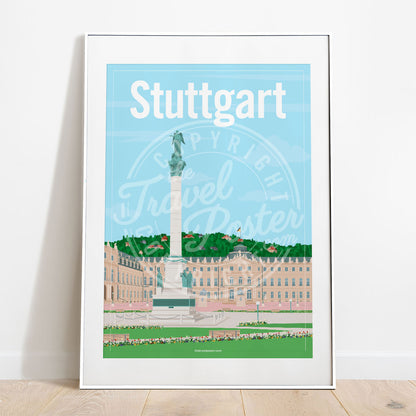 a frame with a poster of the Stuttgart Schlossplatz, placed on a parquet floor resting against a white wall