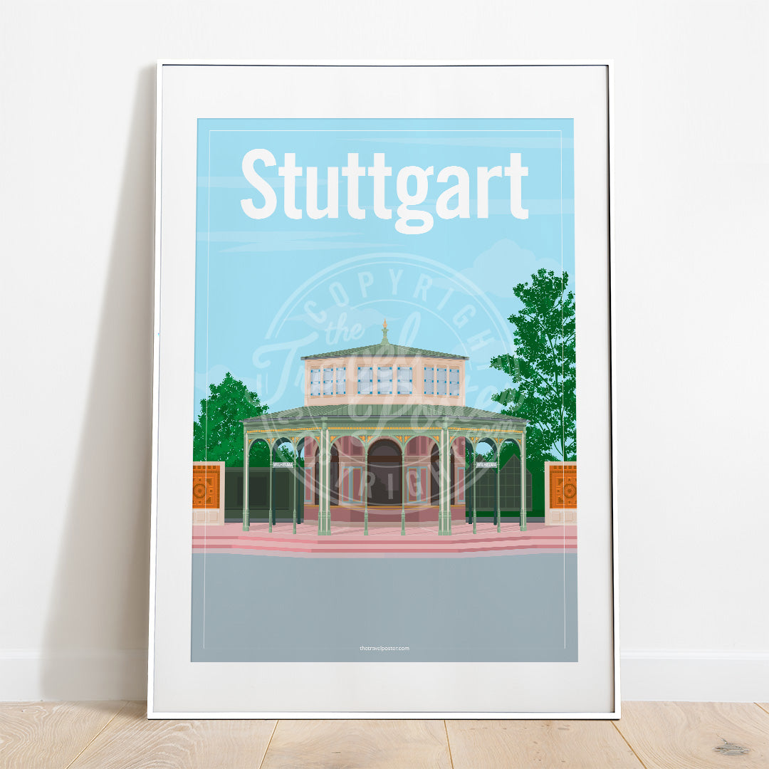 a frame with a poster of the Stuttgart Wilhelma Kassenpavillon, placed on a parquet floor resting against a white wall