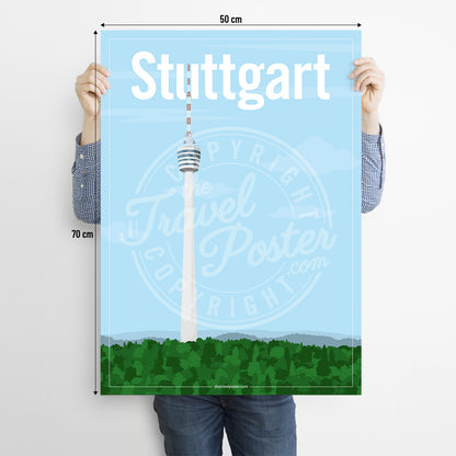 A man holding a poster of the Stuttgart TV Tower on a white background