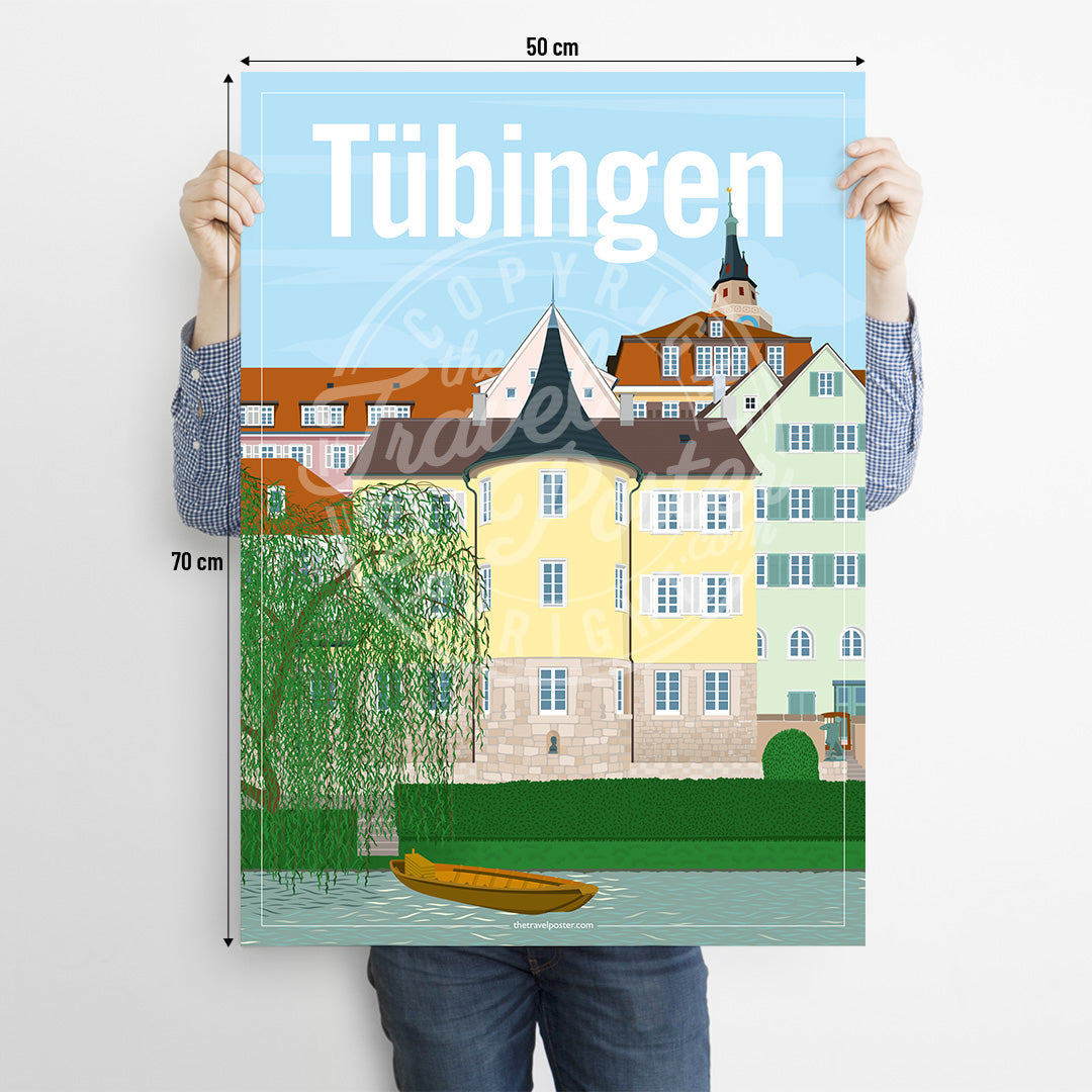 A man holding a poster of the Holderlinturm in Tübingen on a white background
